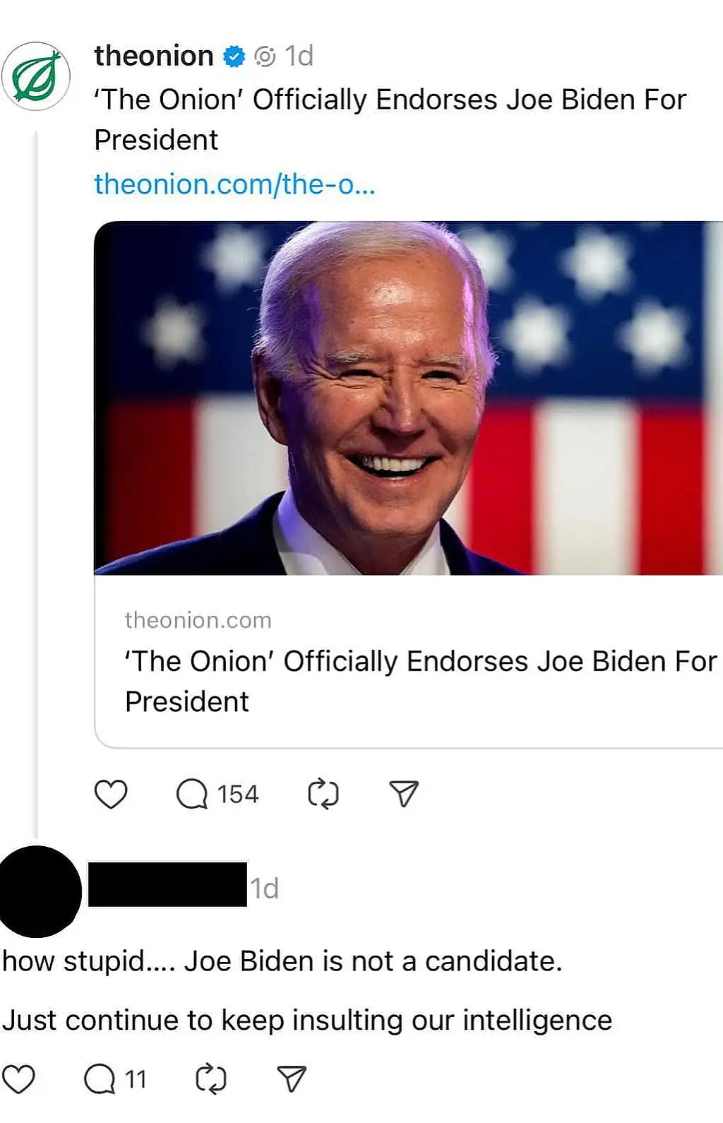 A screenshot of a social media post from 'theonion' showing a smiling Joe Biden in front of an American flag, with the…