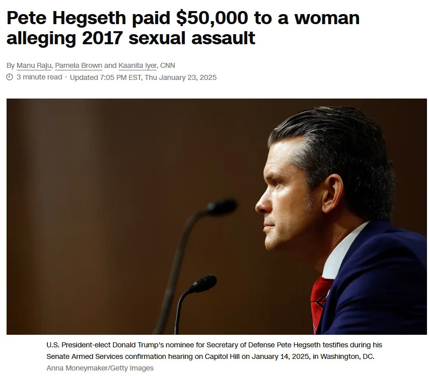 A news article screenshot shows a side profile of Pete Hegseth in a suit and tie, seated before microphones during a Senate…