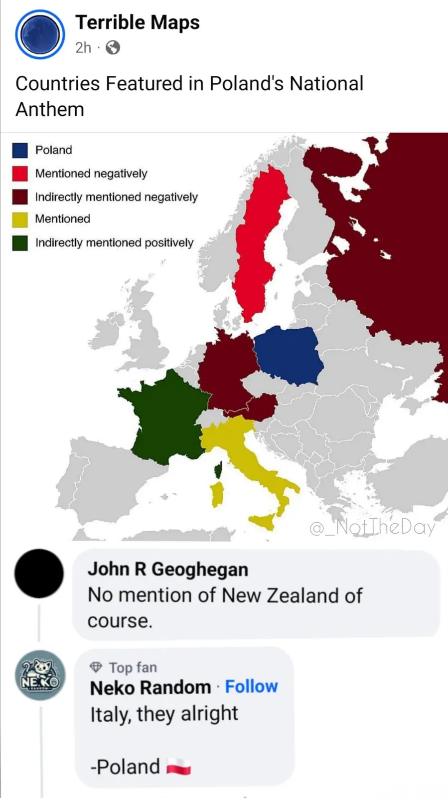 A map of Europe shows Poland in blue, with other countries colored red (mentioned negatively), dark red (indirectly…