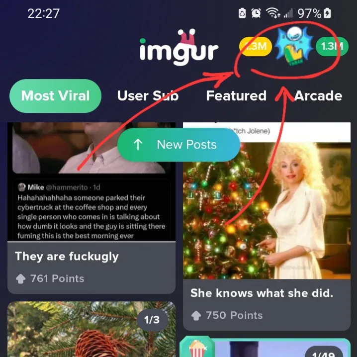 A screenshot of the Imgur app interface showing a post with a woman in a white dress standing beside a Christmas tree…