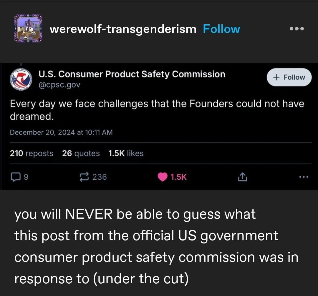 A screenshot of a tweet from the U.S. Consumer Product Safety Commission (@cpsc.gov) that reads, 'Every day we face…