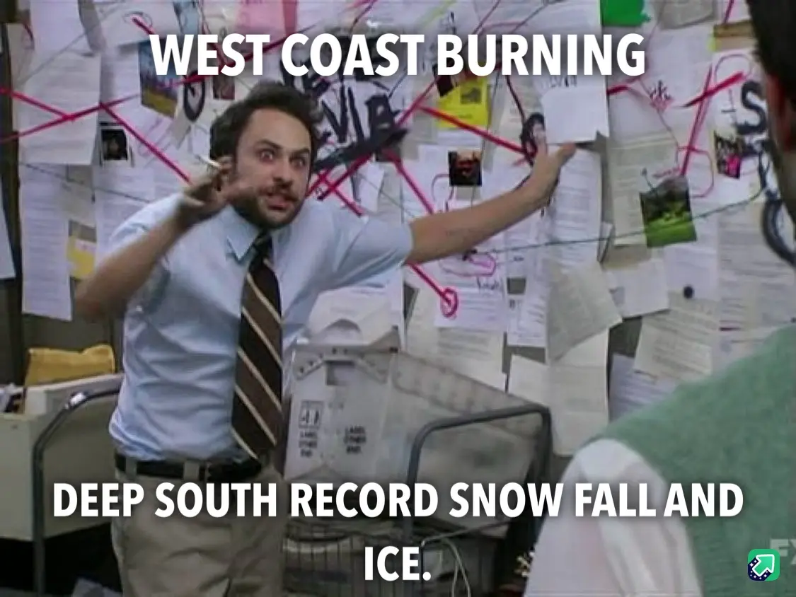 A man in a light blue shirt and striped tie stands in front of a cluttered bulletin board covered in papers and red string…