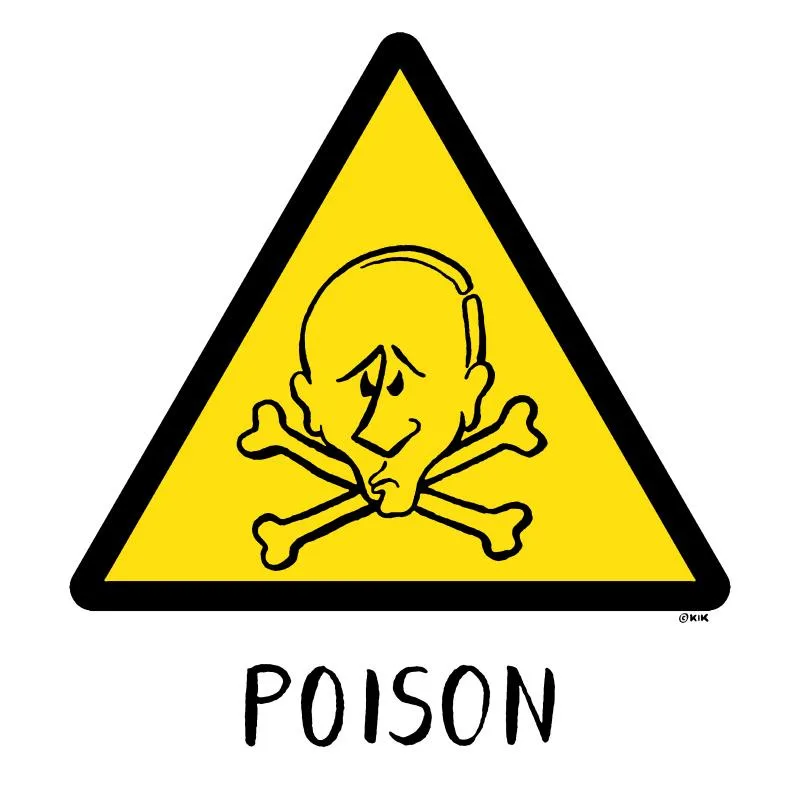 A yellow triangular warning sign with a black border features a cartoon skull and crossbones, with the word 'POISON' written…