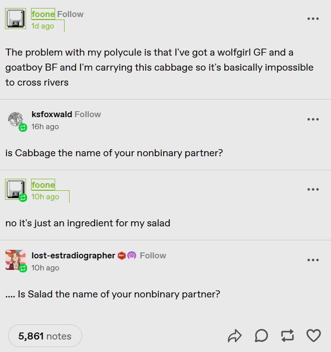 A screenshot of a Tumblr-style comment thread where a user explains their 'polycule' includes a wolfgirl girlfriend and…