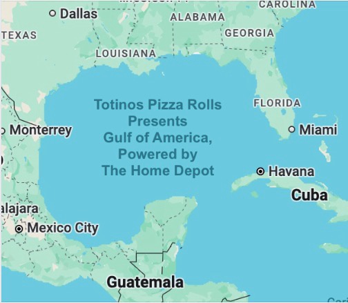 A map of the Gulf of Mexico region with fictional text overlaid, humorously renaming the gulf as the 'Gulf of America' and…
