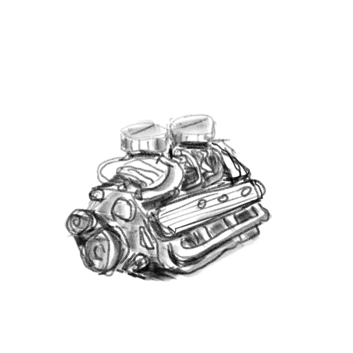 A black-and-white sketch of a detailed, stylized V8 engine with dual carburetors and visible hoses, set against a plain…