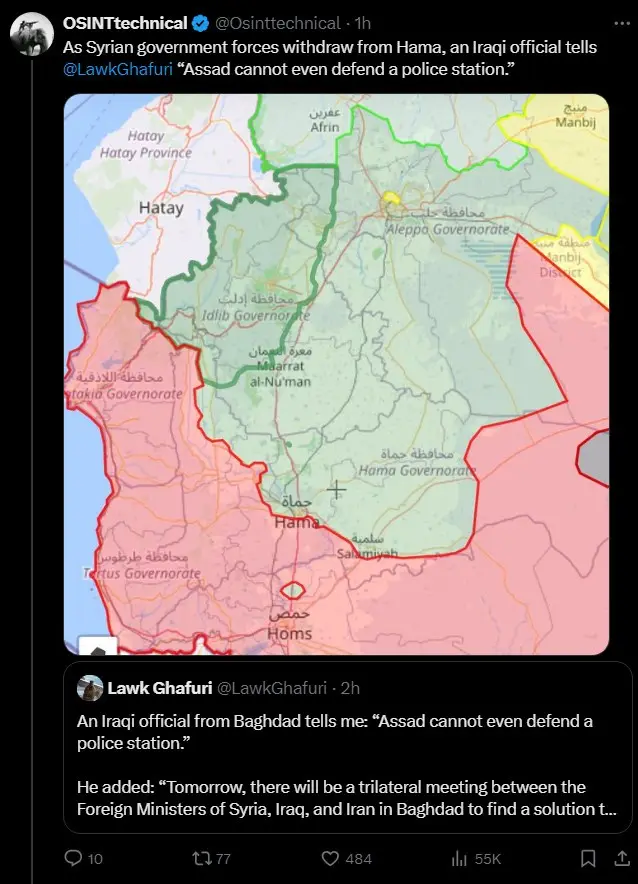 A map of Syria shows Hama Governorate in light green, surrounded by red zones, with a red circle highlighting Homs. Overlaid…