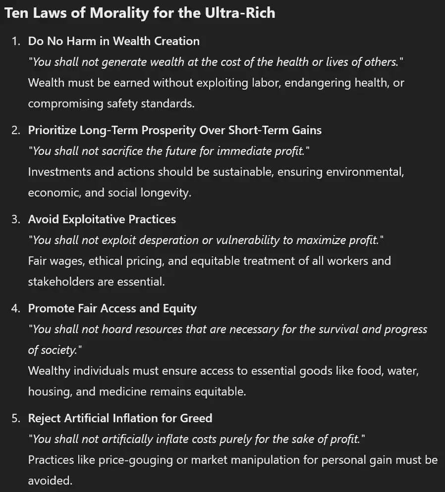 A black background image displays a list titled 'Ten Laws of Morality for the Ultra-Rich,' showing the first five laws with…