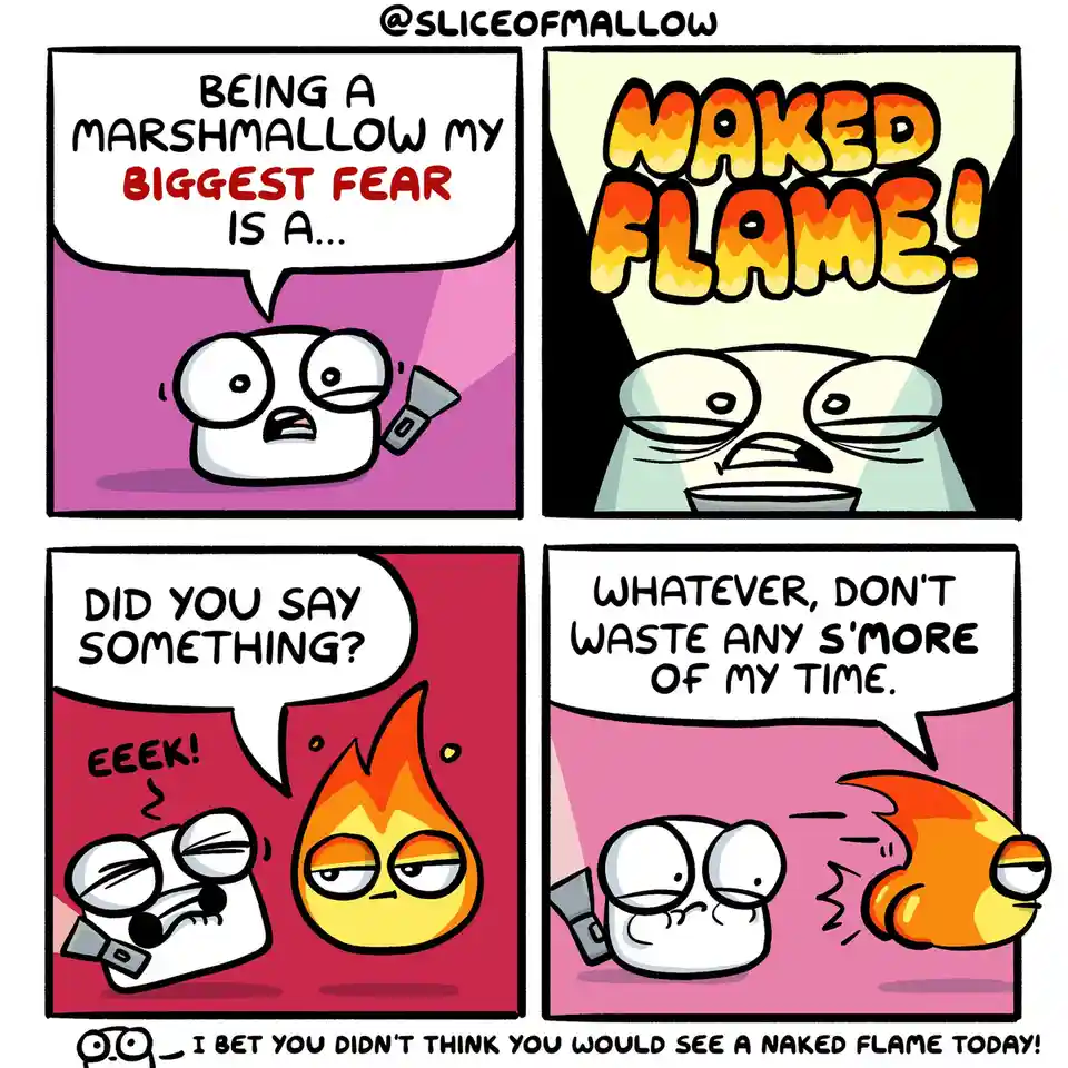 A four-panel comic strip features a cartoon marshmallow character who reveals its biggest fear is a naked flame. The flame…