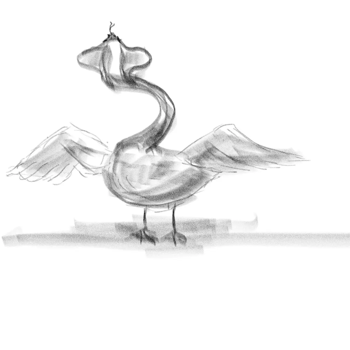 A black-and-white sketch of a bird with its neck unnaturally elongated and curved upward, wings spread, standing on a simple…