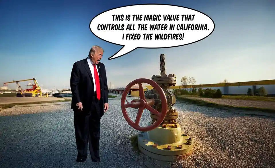 A man in a dark suit and red tie stands next to a large industrial valve with a red handwheel, set in a gravel area with…