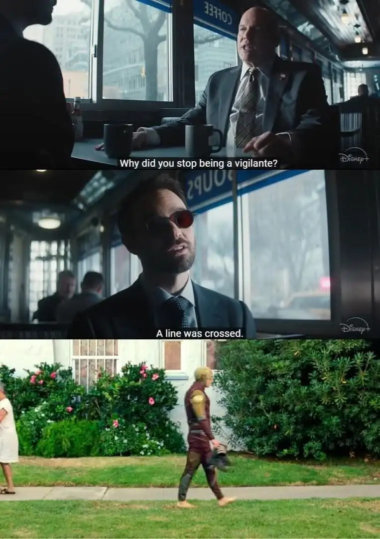 The meme is a three-panel image from the Disney+ series 'The Falcon and the Winter Soldier'. The top panel shows a man in a…