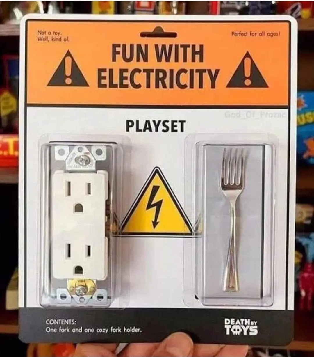 A product package labeled 'FUN WITH ELECTRICITY' displays a standard US electrical outlet and a metal fork side-by-side…
