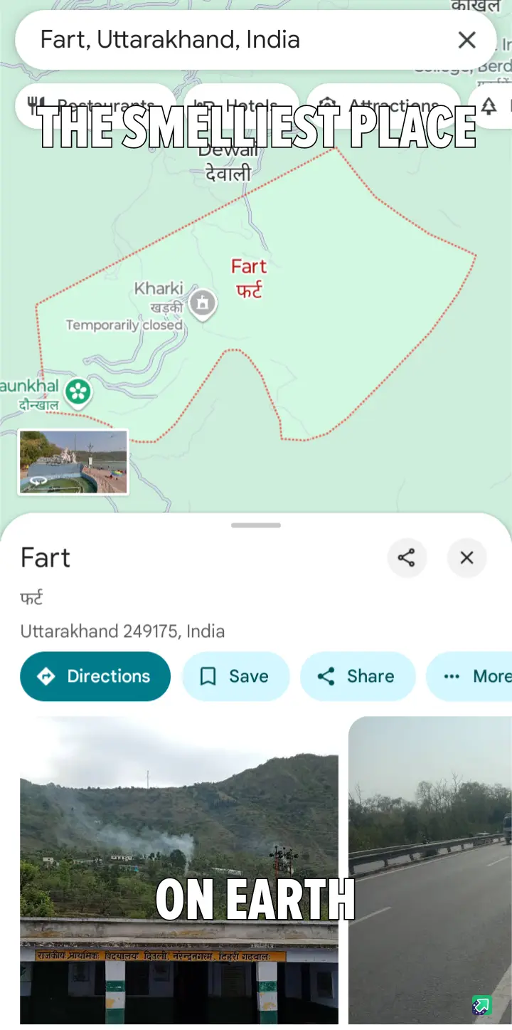 A screenshot of a Google Maps search for 'Fart, Uttarakhand, India' shows a location marked with a red dotted boundary and…