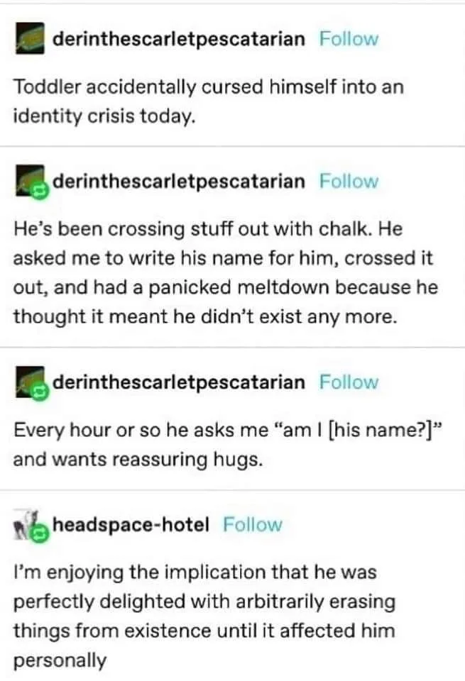A screenshot of a social media thread where a user recounts a toddler's 'identity crisis' after crossing out his own name…