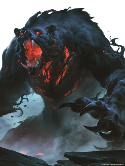 A dark, monstrous bear with glowing red eyes and fiery internal organs roars menacingly against a stormy, rocky backdrop…