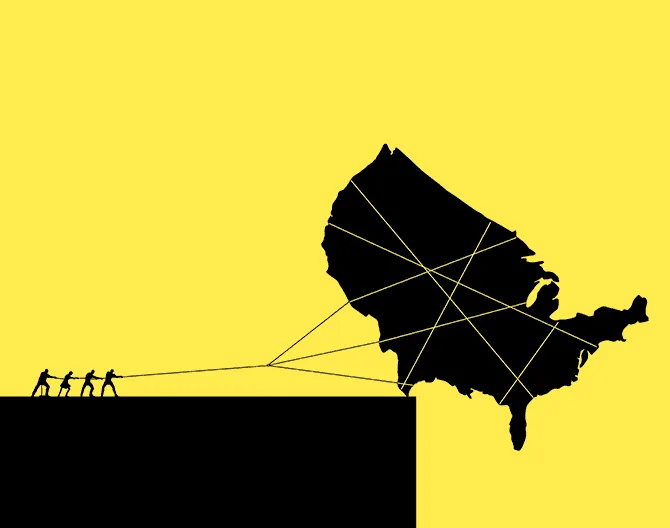 The image shows three panels of a black silhouette of the United States map on a yellow background, with small human figures…