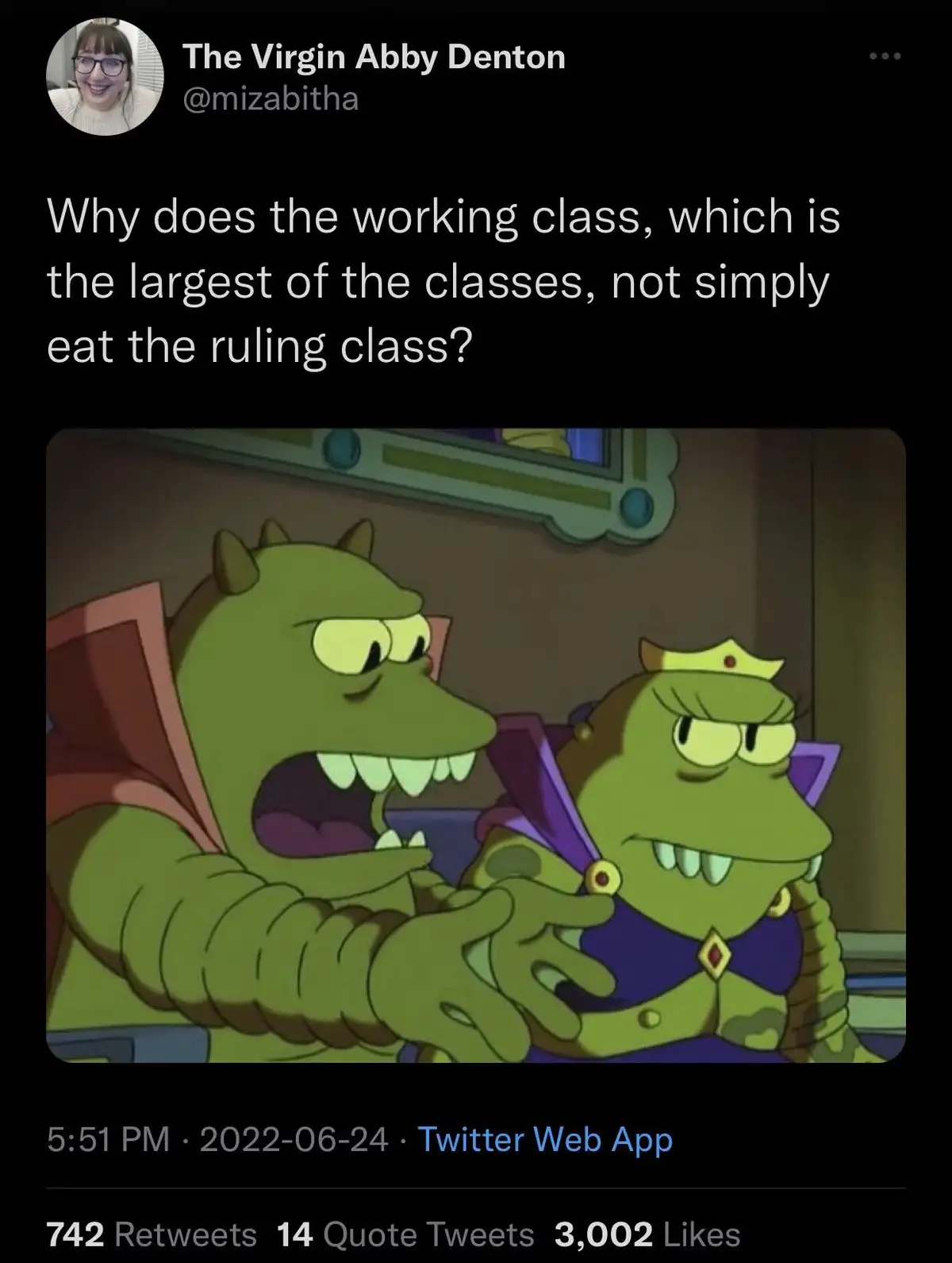 An image from the animated show 'The Amazing World of Gumball' shows a large green monster with a red cape aggressively…