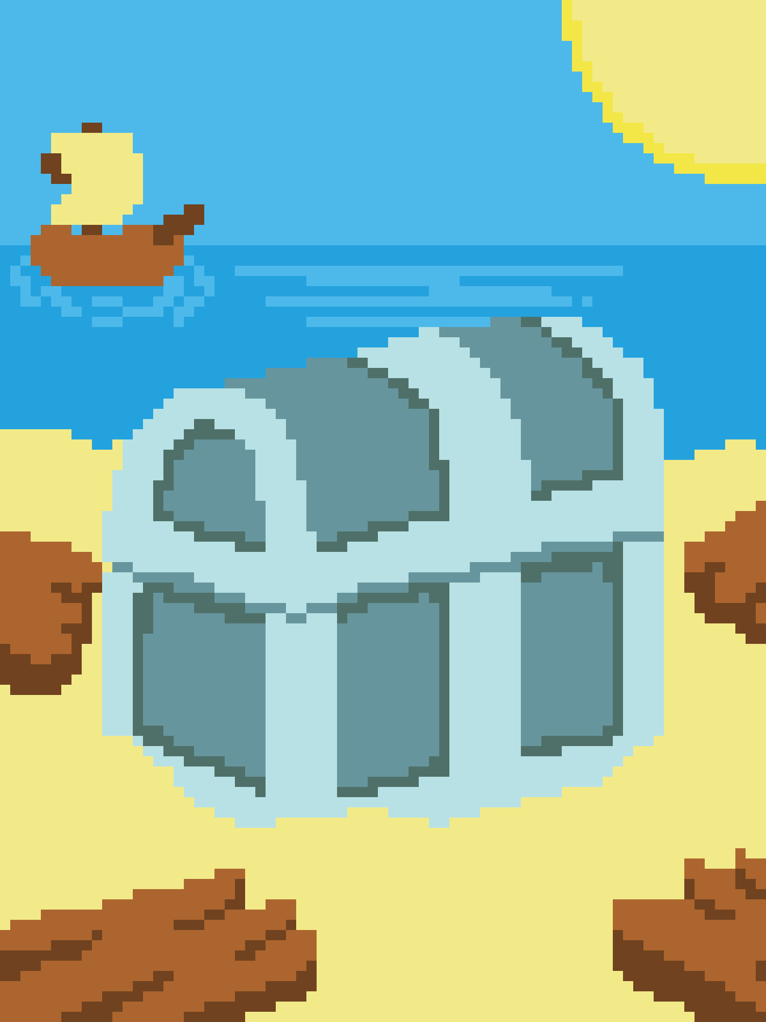 A pixel art image shows a large, light-blue, dome-shaped object resembling a jellyfish or a UFO floating over a yellow sandy…
