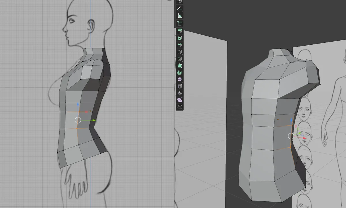 The image shows a 3D modeling software interface with two views of a human torso model. On the left, the model is partially…