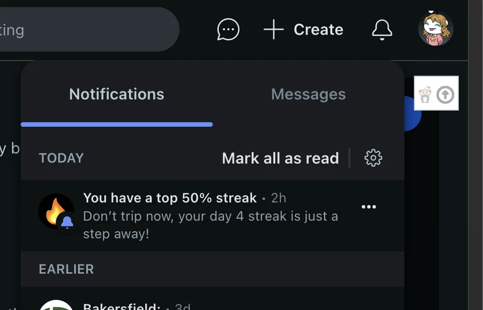 A screenshot of a dark-mode app notification panel showing a 'top 50% streak' achievement message with the text 'Don't trip…