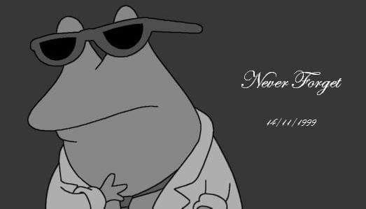 A grayscale cartoon frog wearing sunglasses and a collared shirt with a tie, looking solemn. Overlaid text reads 'Never…