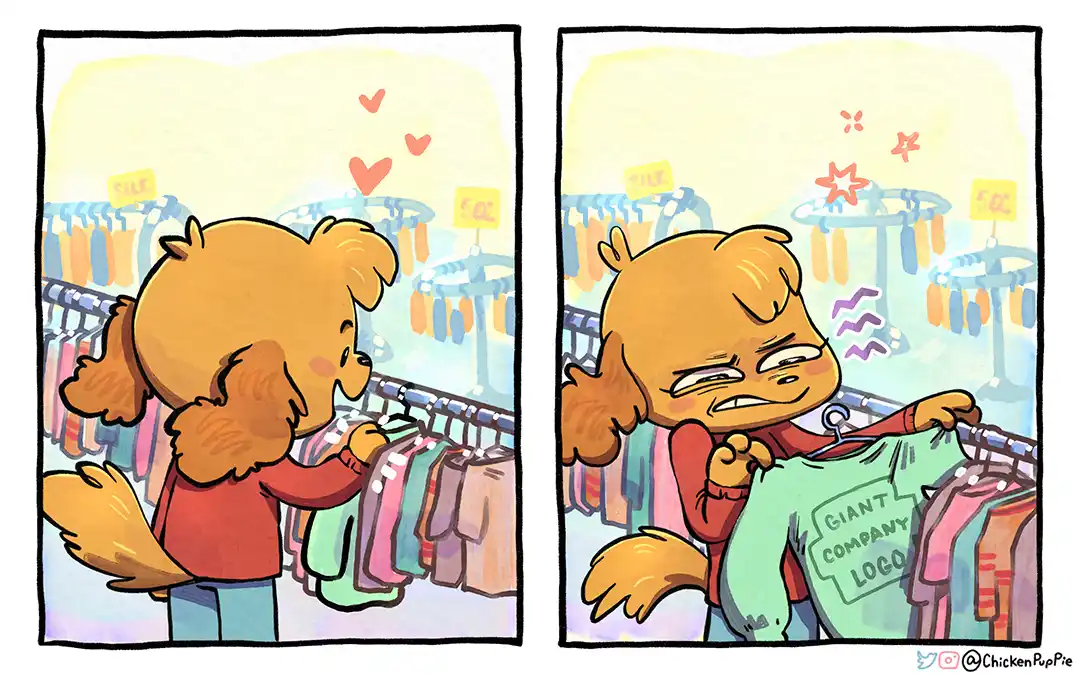 Two-panel comic shows a brown cartoon dog in a clothing store. In the first panel, the dog happily browses clothes with…