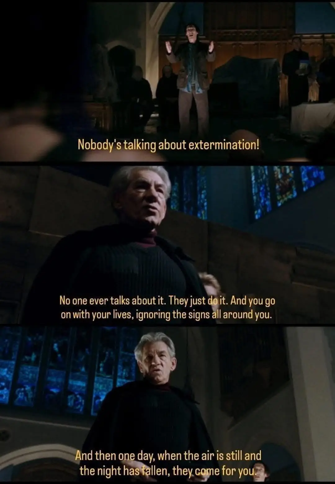 A three-panel meme from the movie 'The Village' featuring a young man shouting in a church and an older man speaking…