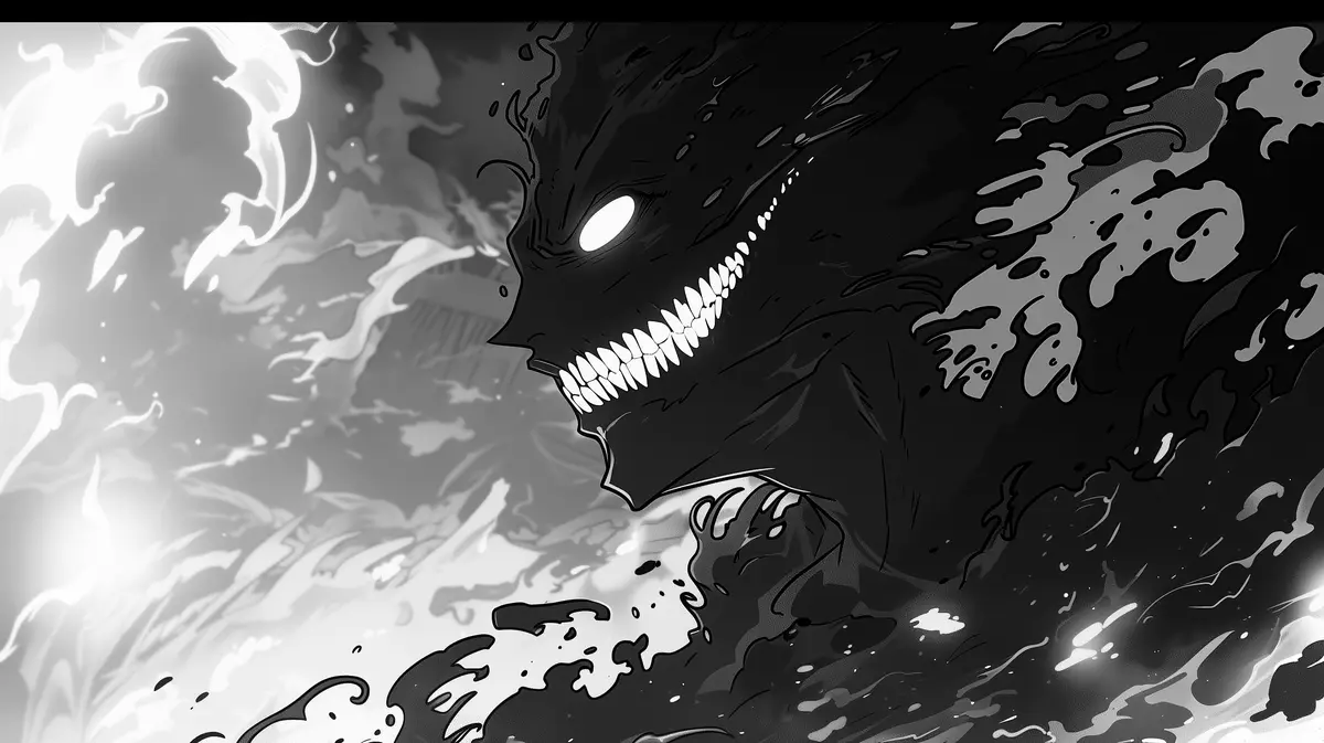 A black-and-white anime-style illustration shows a monstrous, shadowy creature with glowing white eyes and sharp teeth…