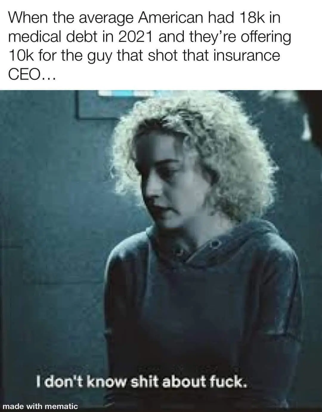A person with curly blonde hair, wearing a dark hoodie, looks downcast and confused in a dimly lit room. The overlaid text…