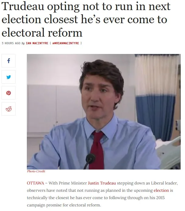 A screenshot of a news article headline reading 'Trudeau opting not to run in next election closest he's ever come to…
