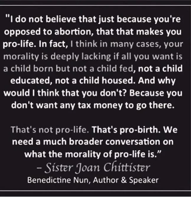 A black background with white text displays a quote attributed to Sister Joan Chittister, a Benedictine nun, author, and…