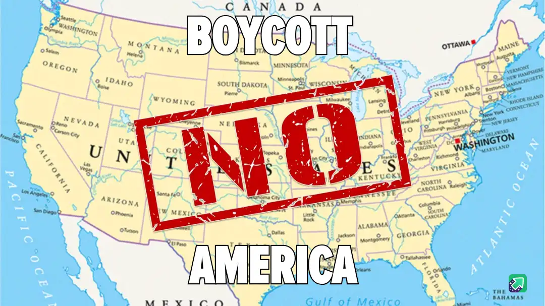 A map of the United States with the word 'BOYCOTT' at the top and 'AMERICA' at the bottom, overlaid with a large red stamp…