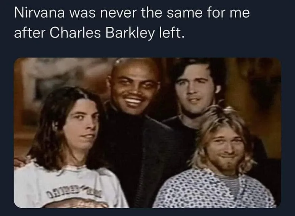 The image shows four men posing together, including Kurt Cobain and Dave Grohl of Nirvana, with Charles Barkley and another…