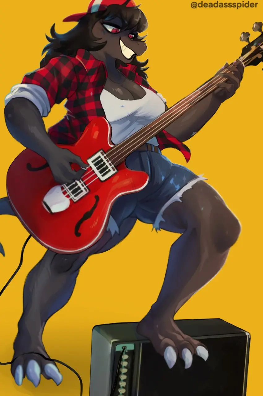 An anthropomorphic dark-furred character with red eyes and a red-and-white cap plays a red electric bass guitar while…