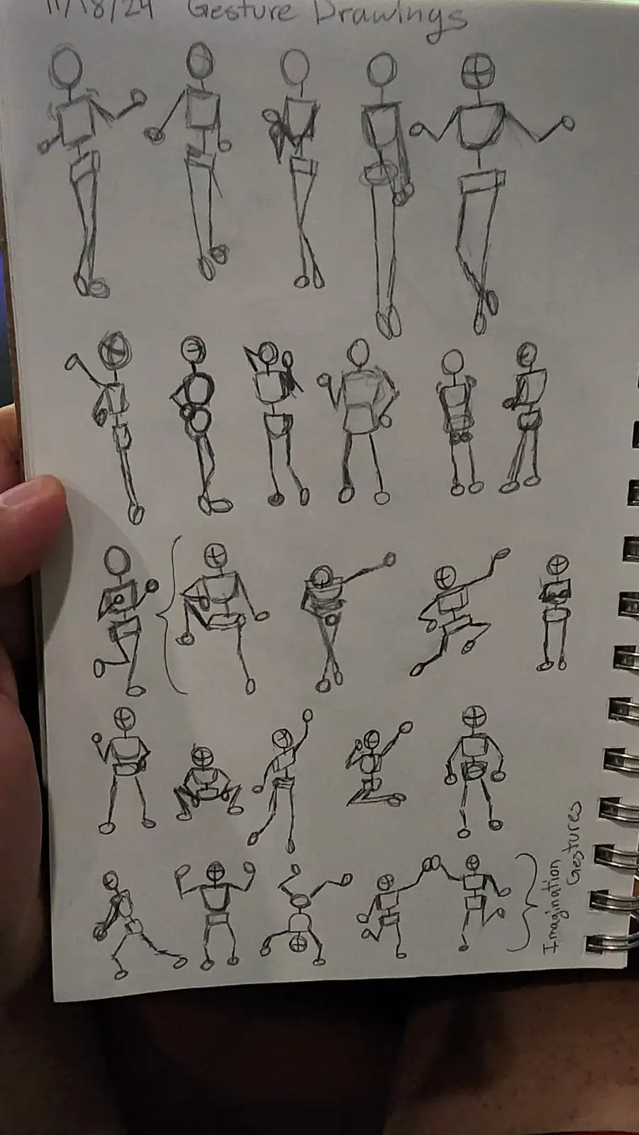 A sketchbook page shows numerous simple stick-figure drawings of human-like figures in various dynamic poses, labeled…
