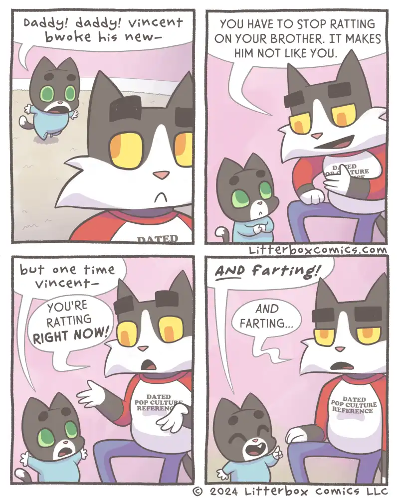 A four-panel comic strip featuring cartoon cats. A small kitten in a blue onesie excitedly tells its dad about its brother…