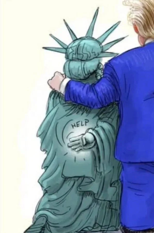 A cartoon depicts a man in a blue suit embracing the Statue of Liberty from behind. The statue's chest has the word 'HELP'…