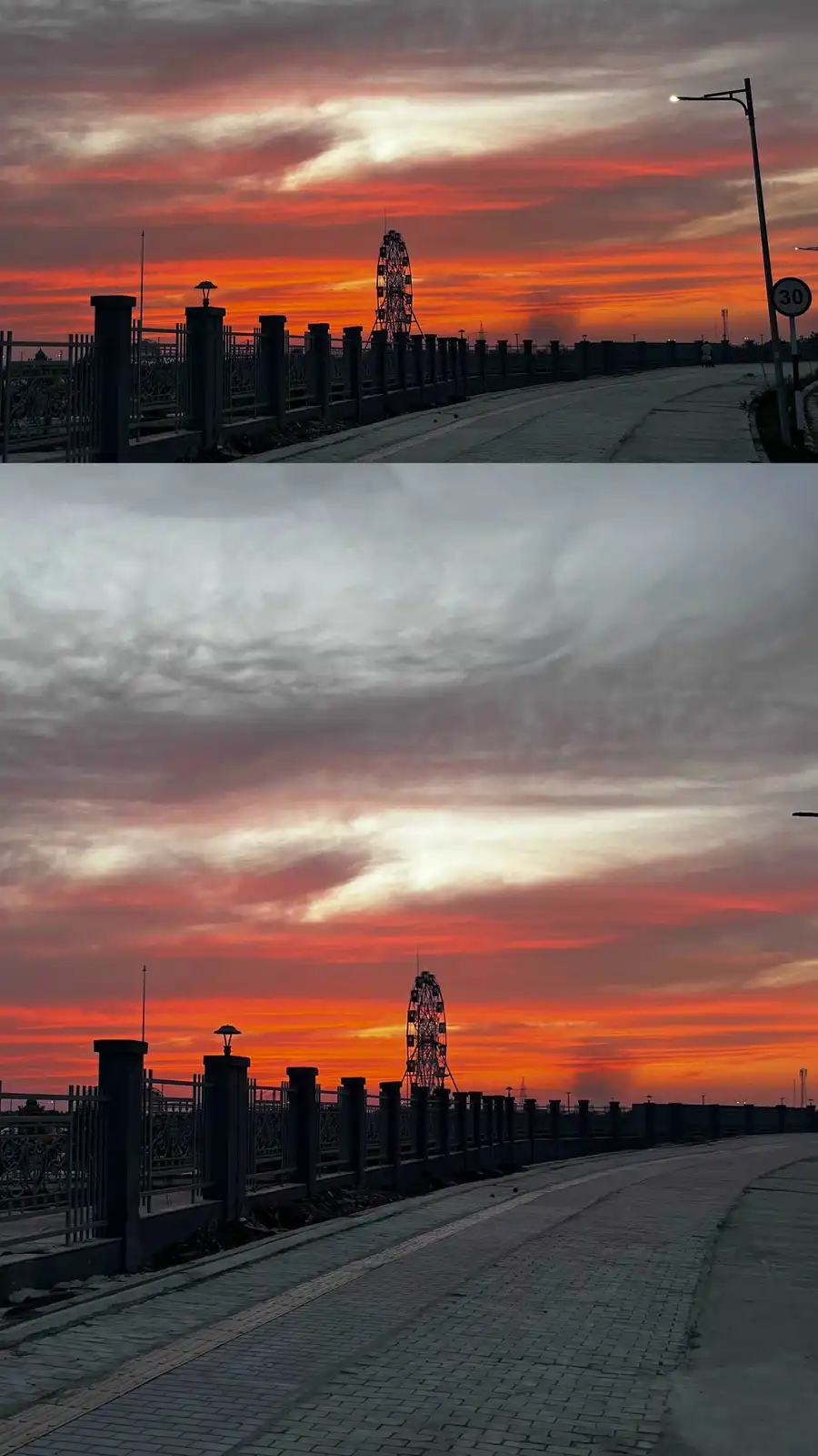 The image is a two-panel meme showing the same location at sunset. The top panel displays a vibrant orange and red sunset…