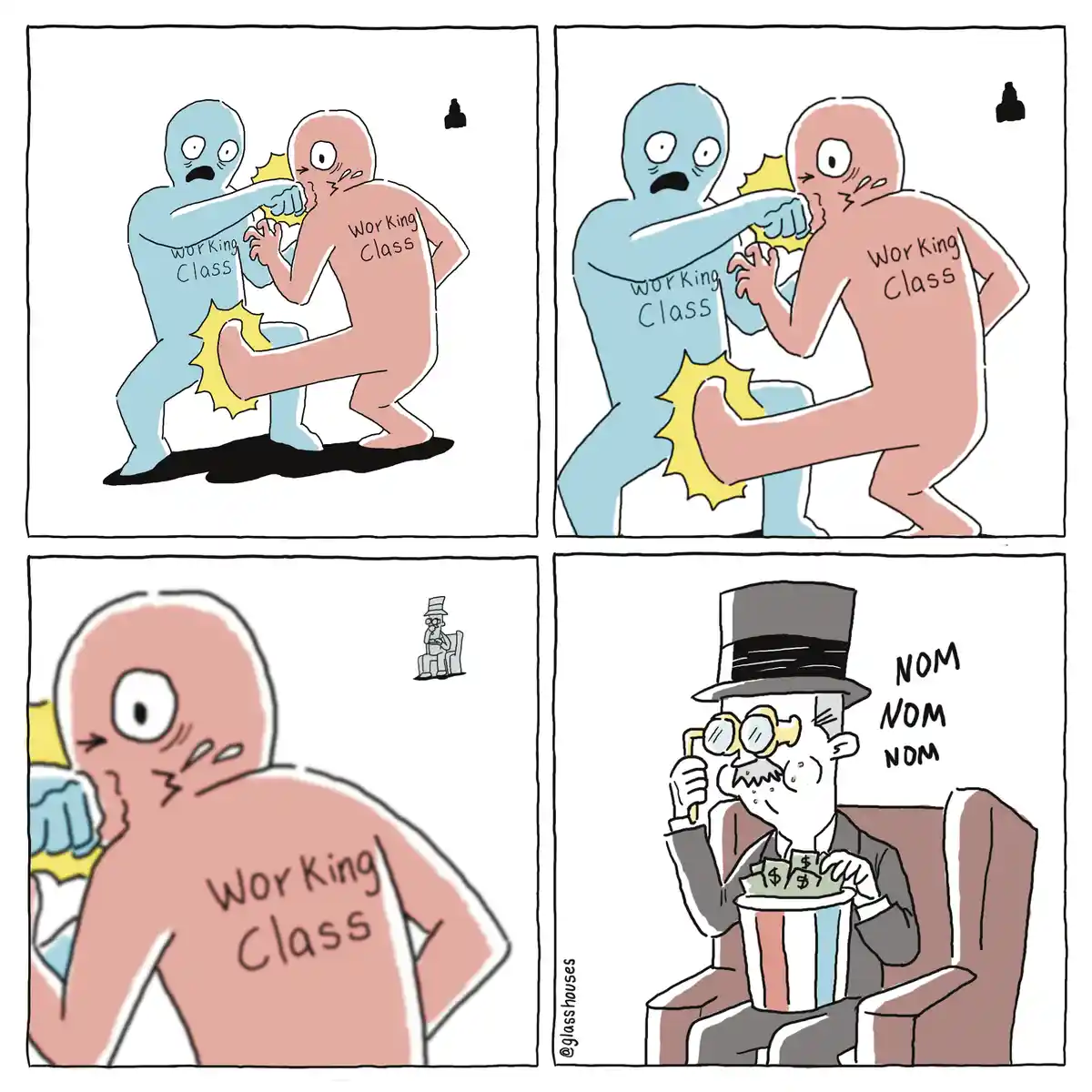 A four-panel comic shows two 'Working Class' figures fighting each other, with a small figure in a top hat watching. The…