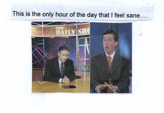 The image shows two side-by-side photos of Jon Stewart on 'The Daily Show' set. On the left, Stewart is seated at a desk…