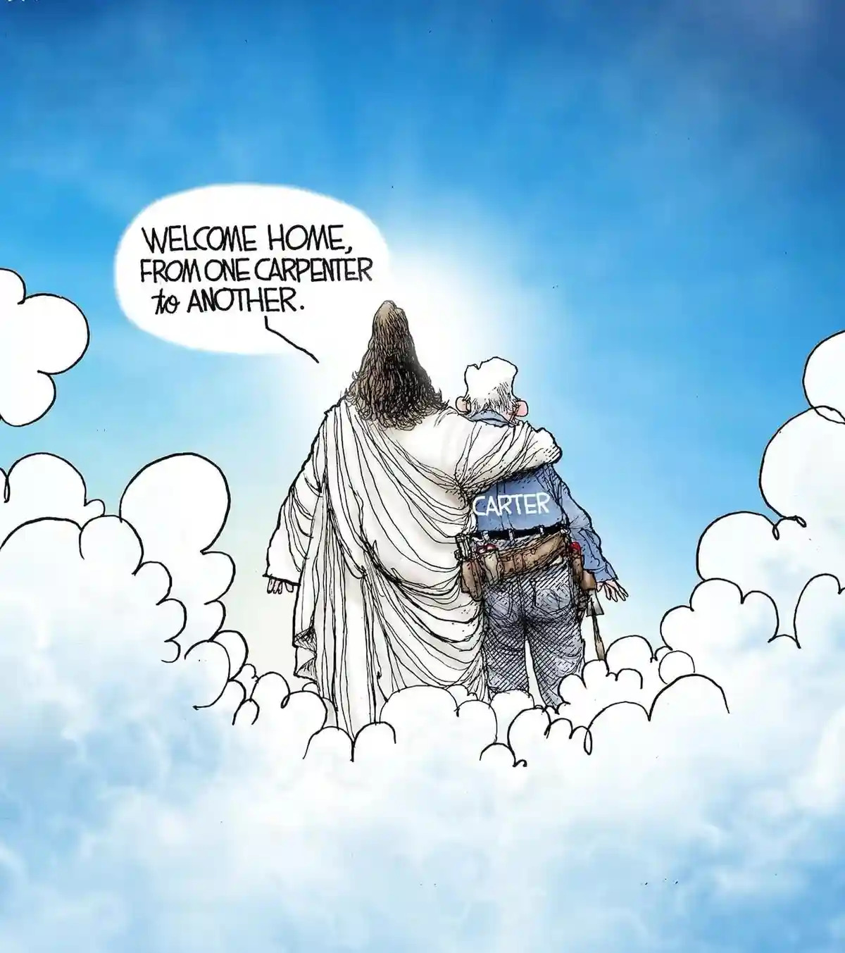 Two figures stand on clouds against a blue sky; one is Jesus in a white robe, the other is a man in a blue shirt with…