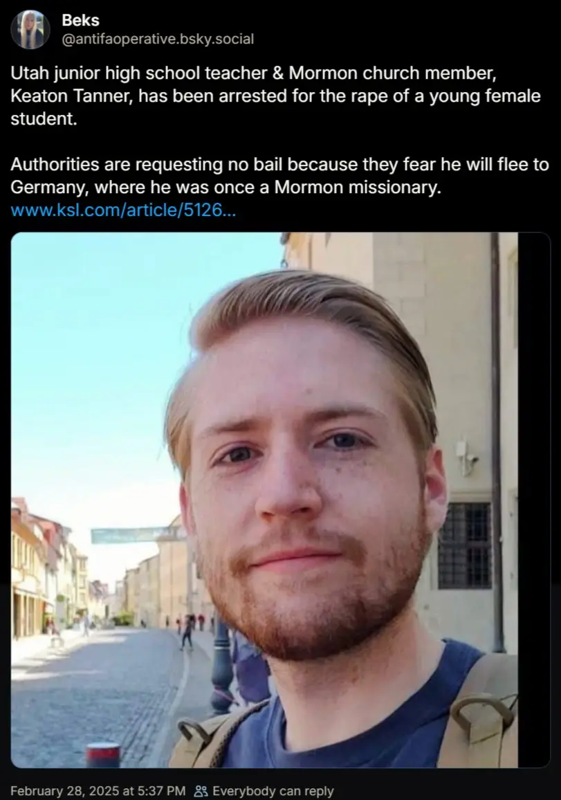 A screenshot of a social media post featuring a photo of a young man with light brown hair and a beard, wearing a blue shirt…