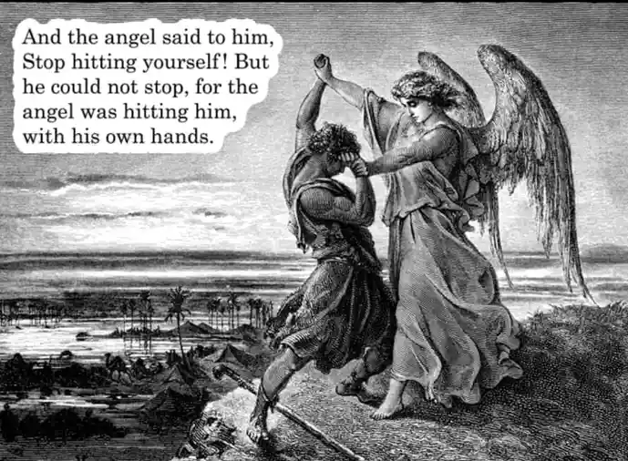 A black-and-white historical engraving depicts an angel with wings physically striking a man who is also hitting himself…