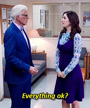 Six panels show an older man in a blue suit and a woman in a purple dress standing in an office, repeatedly asking…