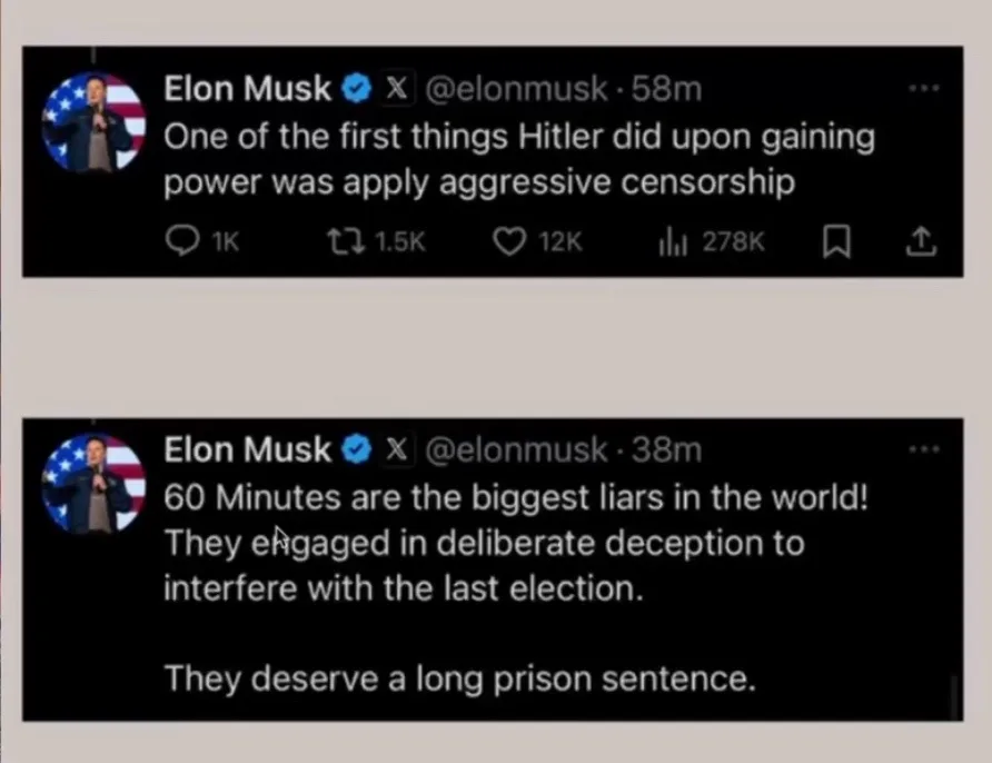 The image displays two consecutive tweets from Elon Musk's X account. The first tweet, posted 58 minutes ago, states: 'One…
