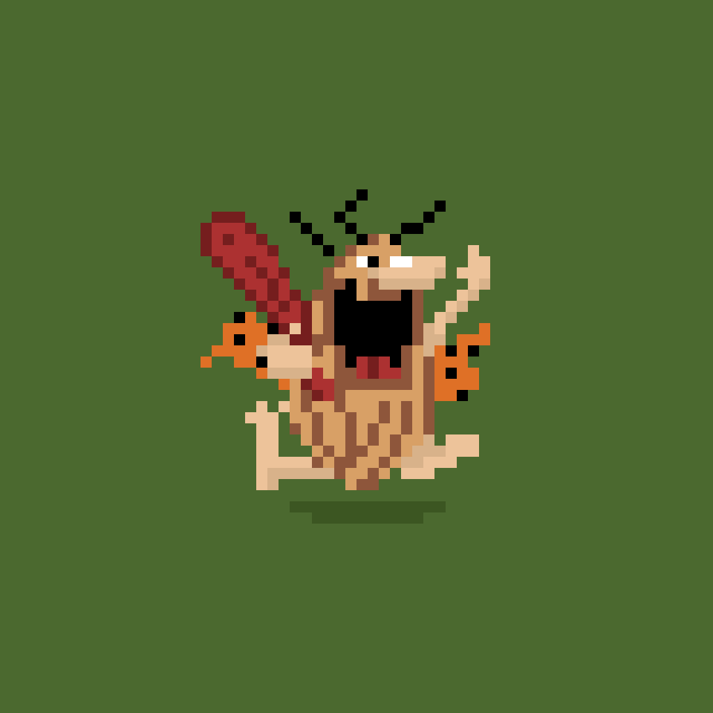 A low-resolution pixel art image shows a cartoonish, tan-skinned character with a wide-open mouth, black eyes, and a red…