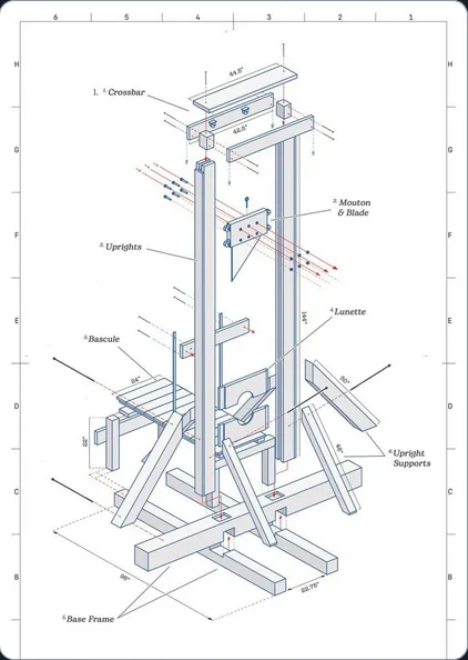 A detailed technical blueprint of a guillotine, showing its mechanical components like the crossbar, uprights, bascule, and…