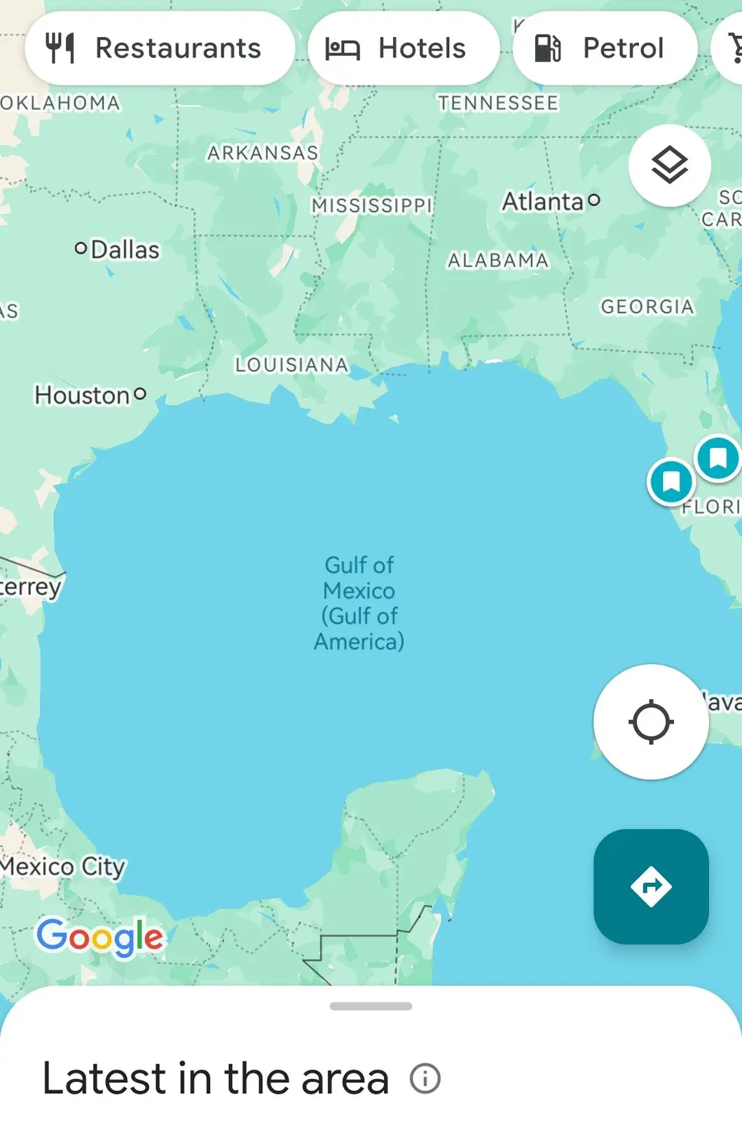 A screenshot of a Google Maps interface showing the Gulf of Mexico, with the text 'Gulf of Mexico (Gulf of America)'…