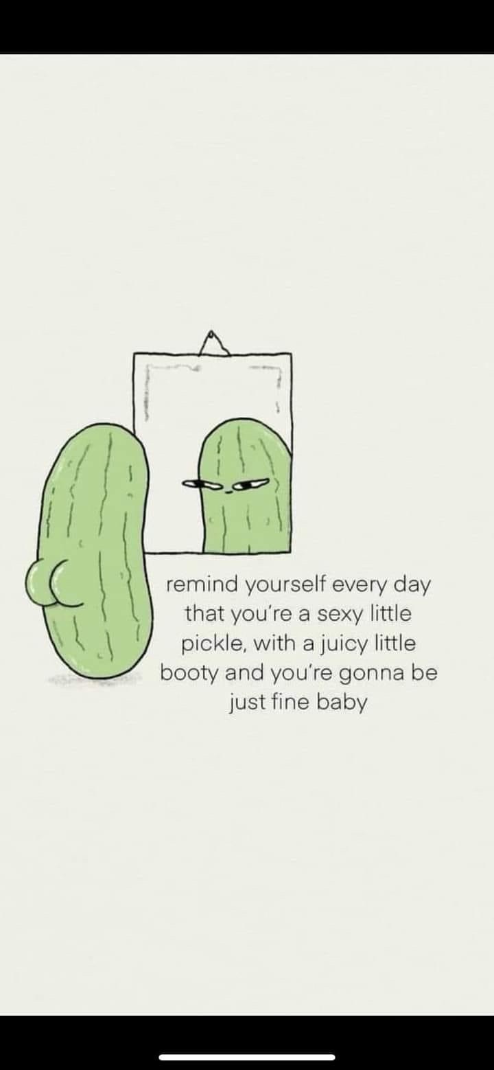 A cartoon drawing shows a green pickle character looking at its reflection in a mirror. The pickle has a confident, smug…